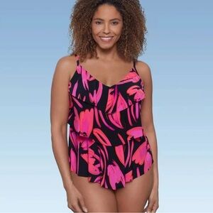 Aqua Green Women's Swimsuit Tankini Top - Hot Pink & Black - Tiered Top Size 1X